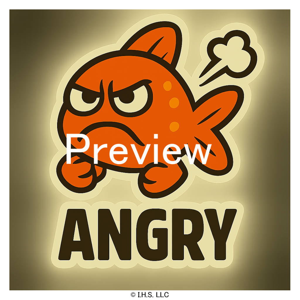 Sticker of an angry orange fish with a speech bubble on a beige background, featuring the word 'ANGRY'.