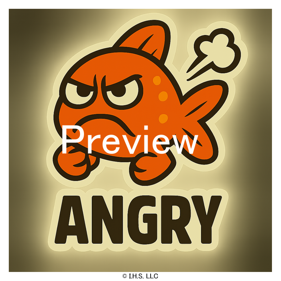 Sticker of an angry orange fish with a speech bubble on a beige background, featuring the word 'ANGRY'.