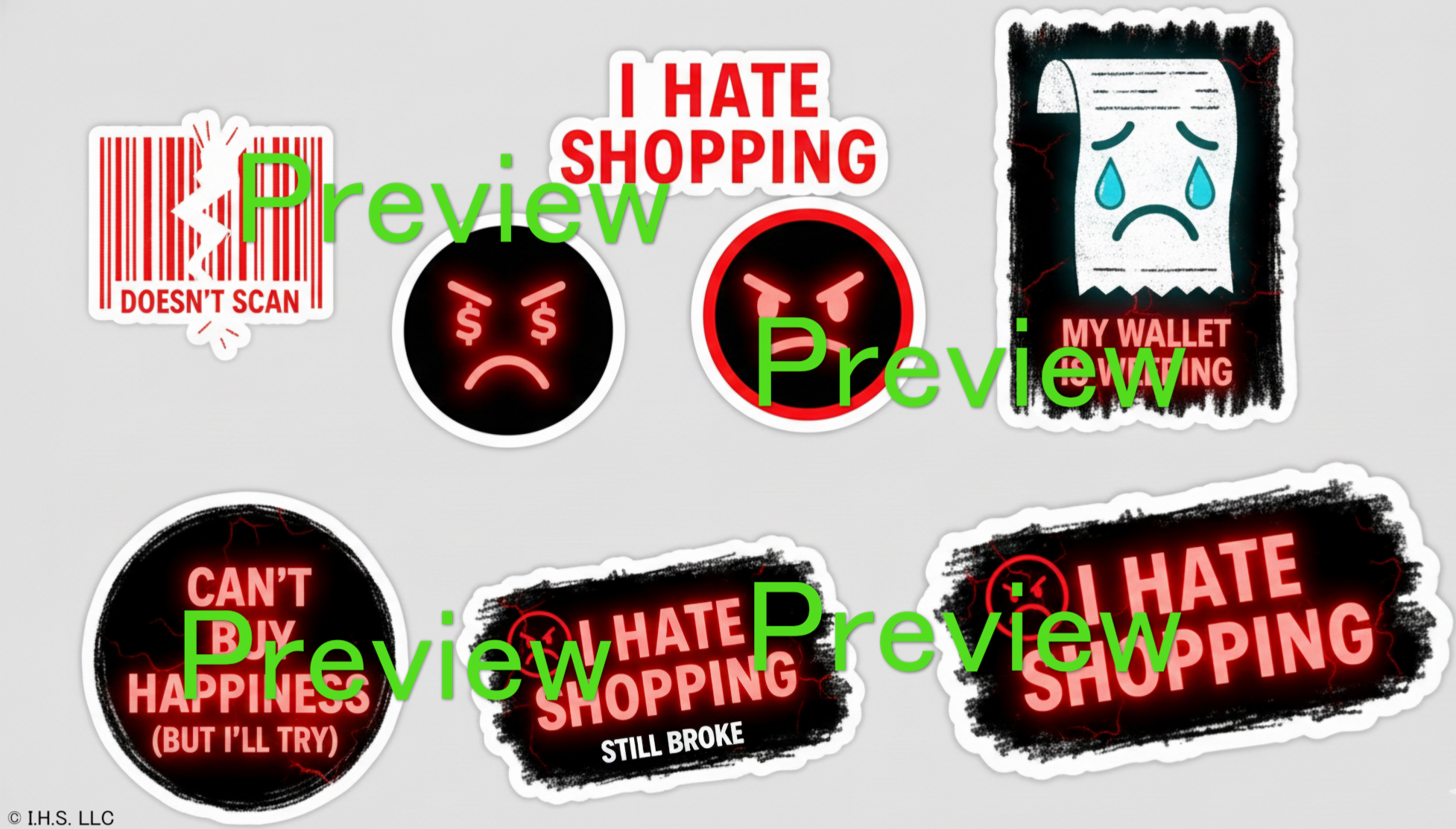 Set of stickers with various designs and text on a gray background