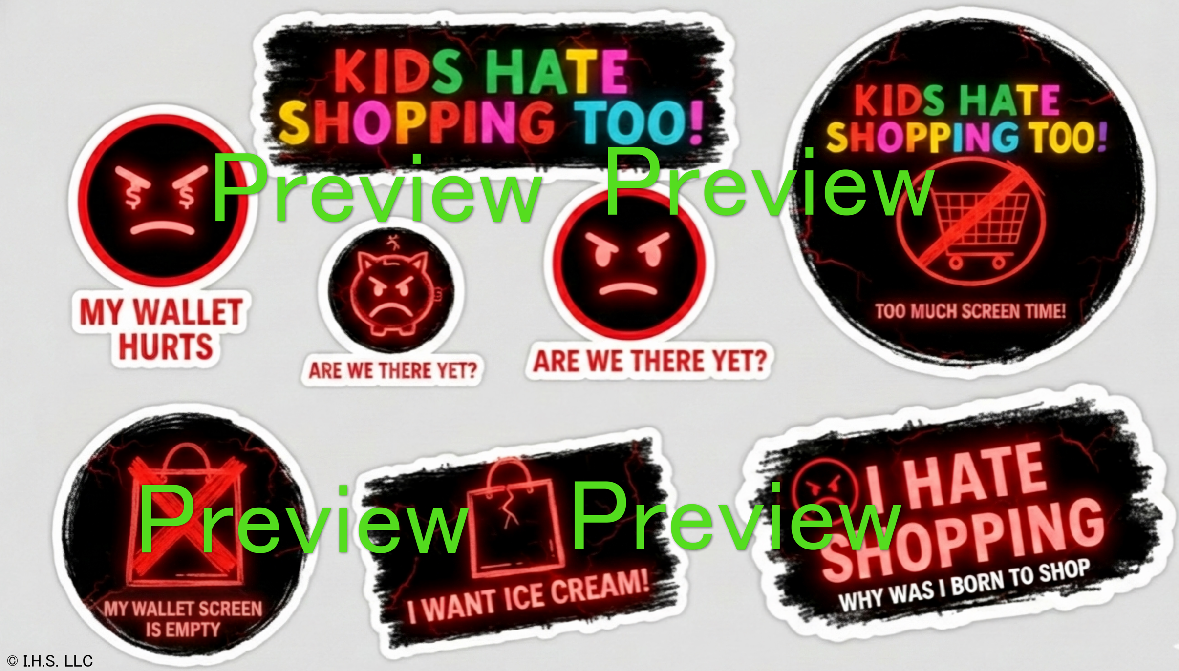 Set of humorous stickers with text like 'Kids Hate Shopping Too!' and various emojis on a light gray background.
