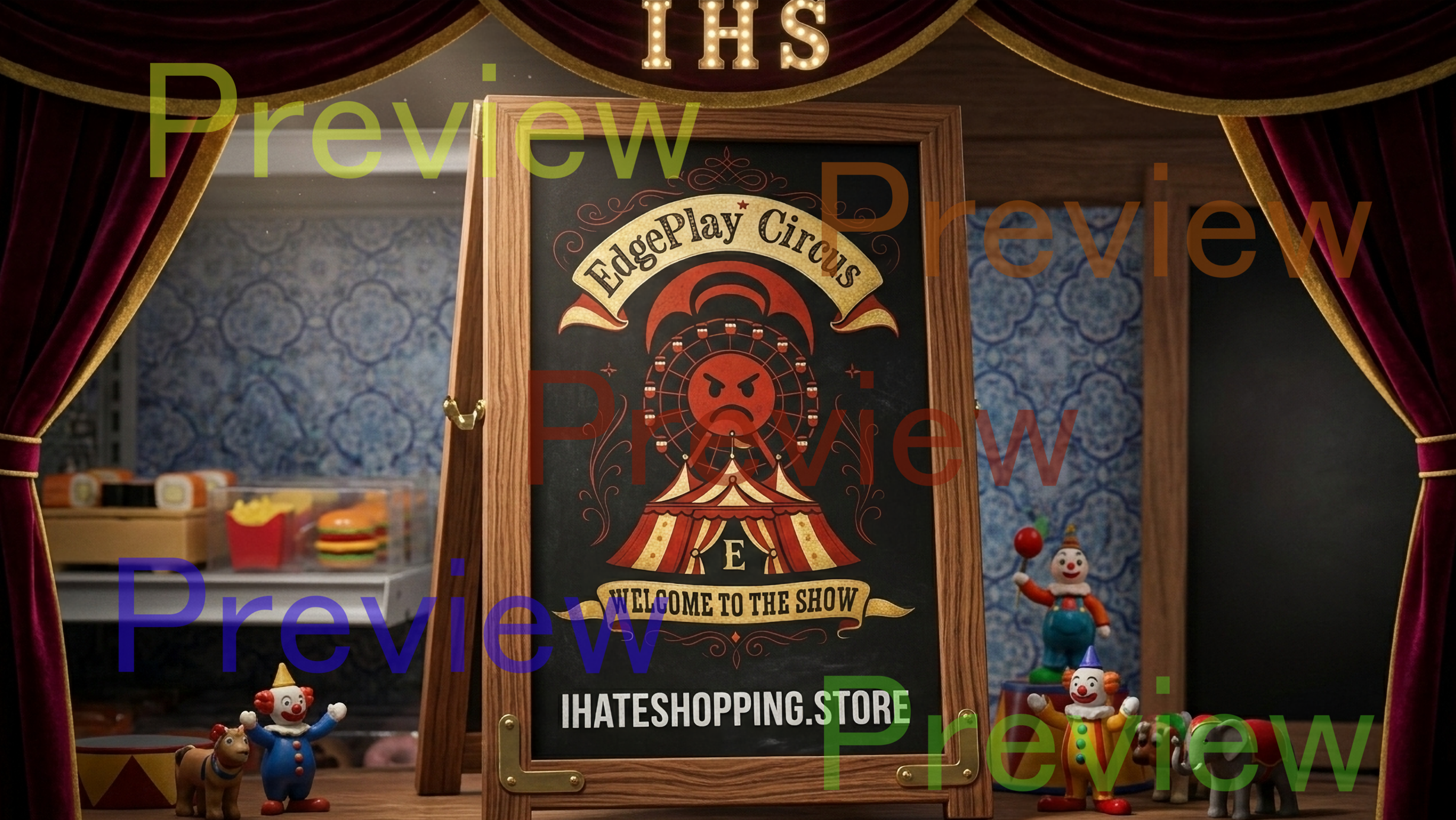 Photograph of EdgePlay Circus stage with red curtains, blue wallpaper, toy clowns, circus props, and framed EdgePlay sign.