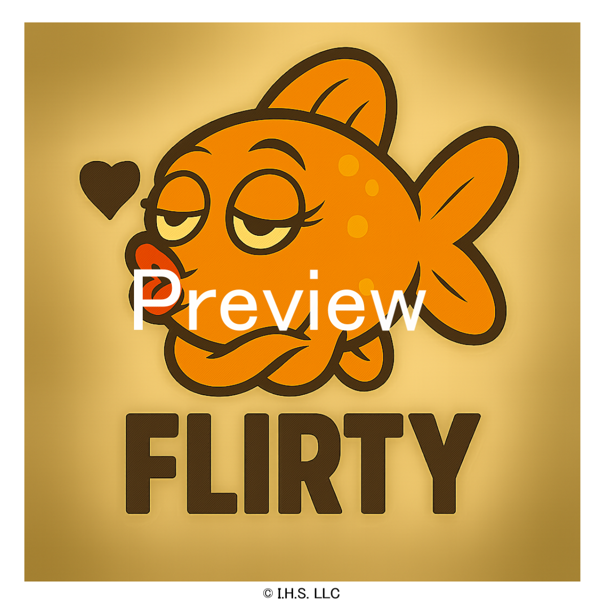Sticker Cartoon goldfish with a heart and the word 'Flirty' on a gold background