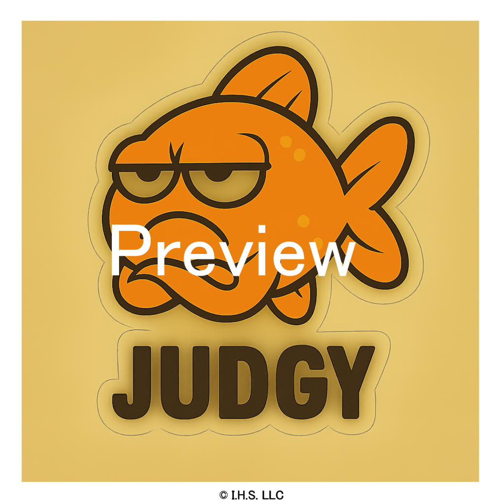 Sticker with an orange fish with a frowny face and the word 'JUDGY' on a beige background.