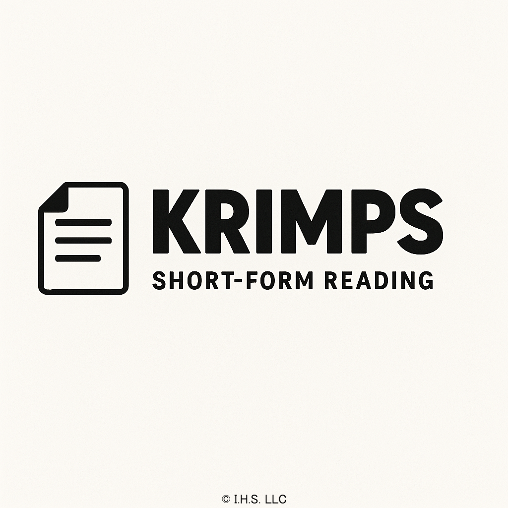 Logo for Krimps Short-Form Reading with a document icon on a white background