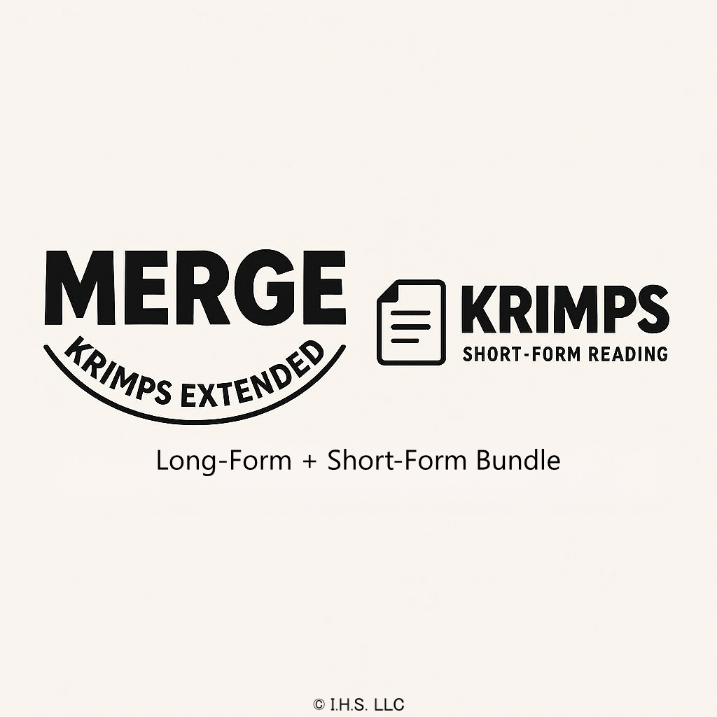 Logos and text for 'MERGE - KRIMPS Extended' and 'KRIMPS Short-Form Reading' on a white background. New reading formats exclusive to the I Hate Shopping store.