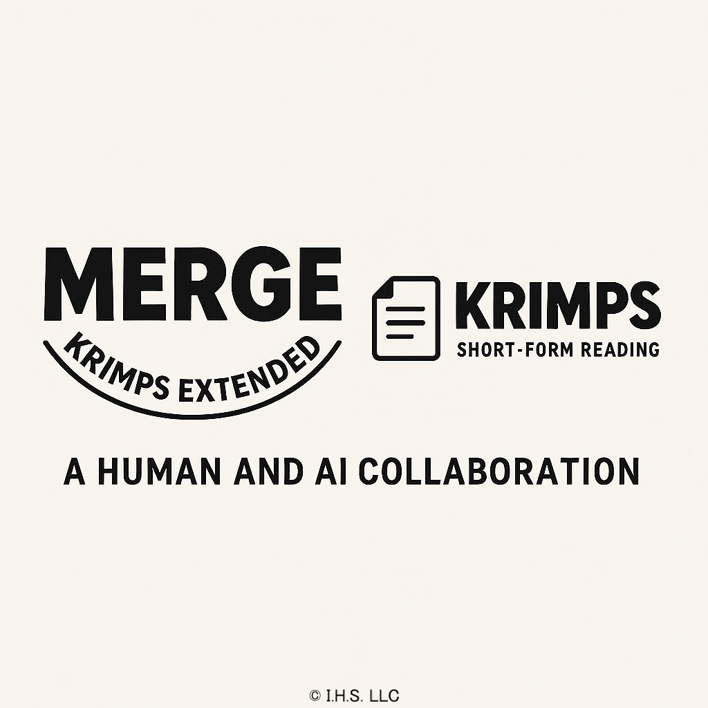 Logos and text for 'Merge Krimps Extended' and 'Krimps Short-Form Reading' on a white background. New reading formats exclusive to the I Hate Shopping store.