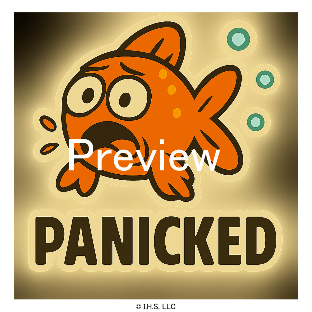 Cartoon fish with a panicked expression and the word 'Panicked' on a gold background.