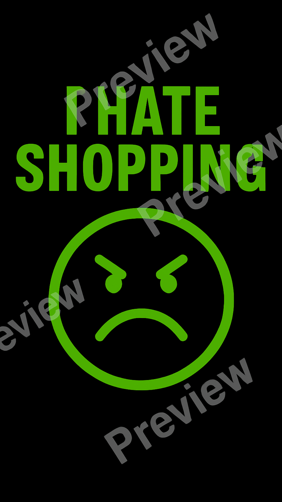 Green text 'PHATE SHOPPING' with an angry face symbol on a black background