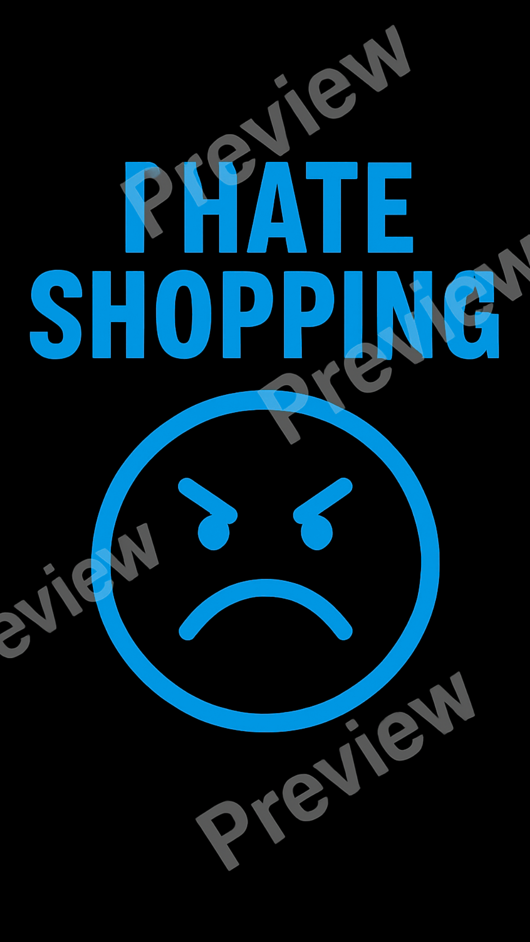 Blue text 'PHATE SHOPPING' with an angry face symbol on a black background
