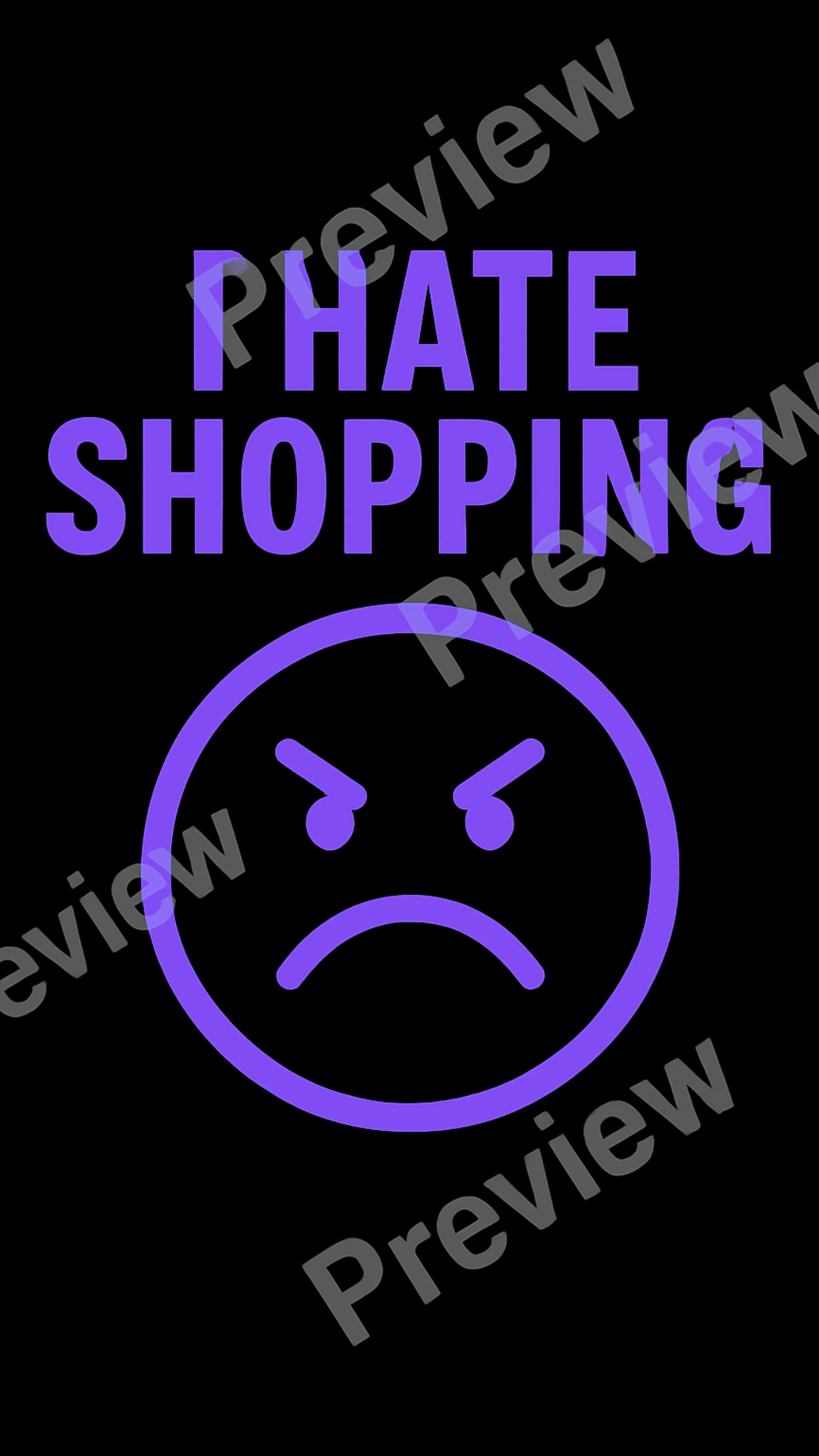 Neon sign with 'I Hate Shopping' text and an angry face symbol on a black background.