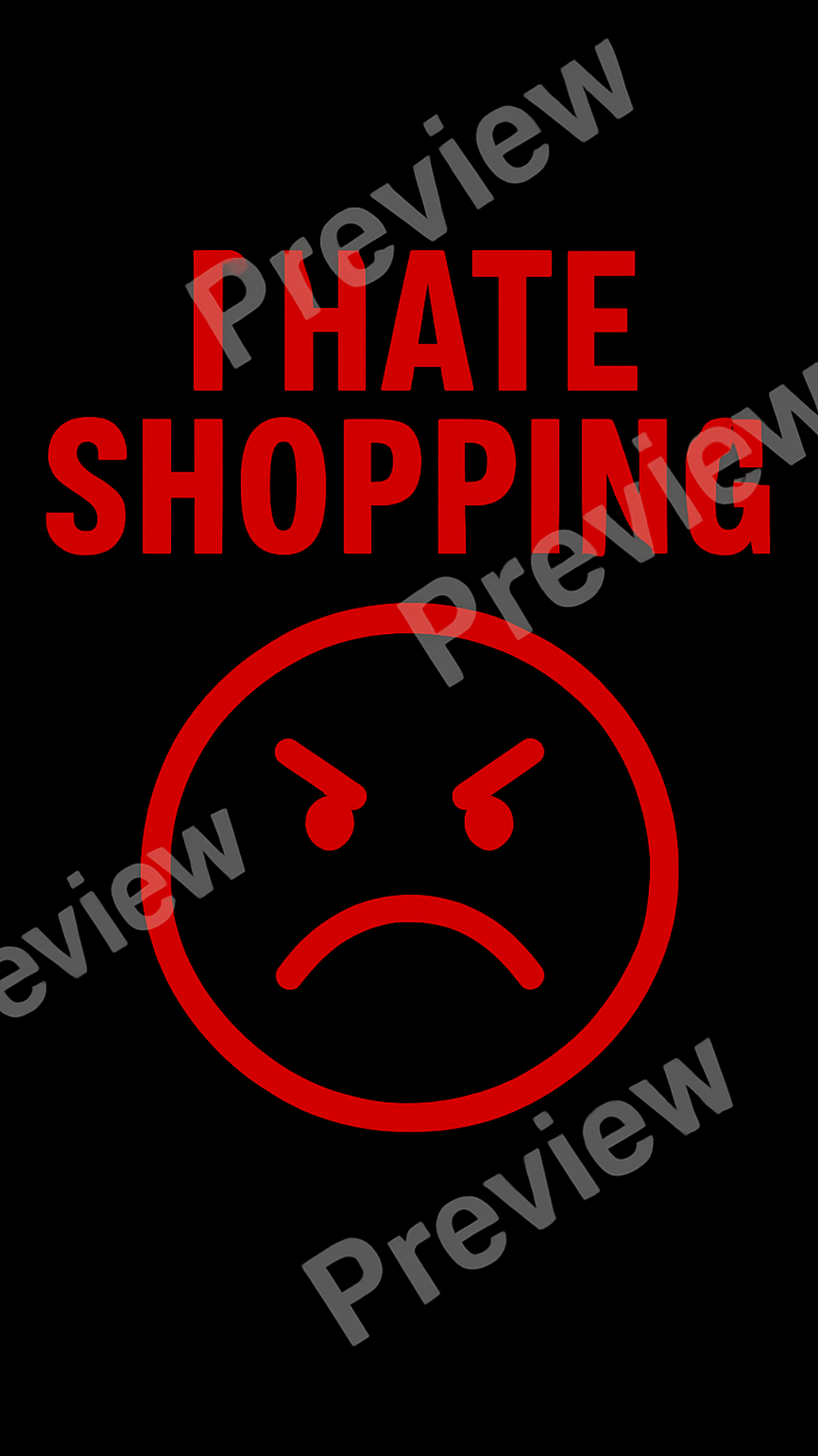 Red text 'PHATE SHOPPING' with an angry face symbol on a black background.