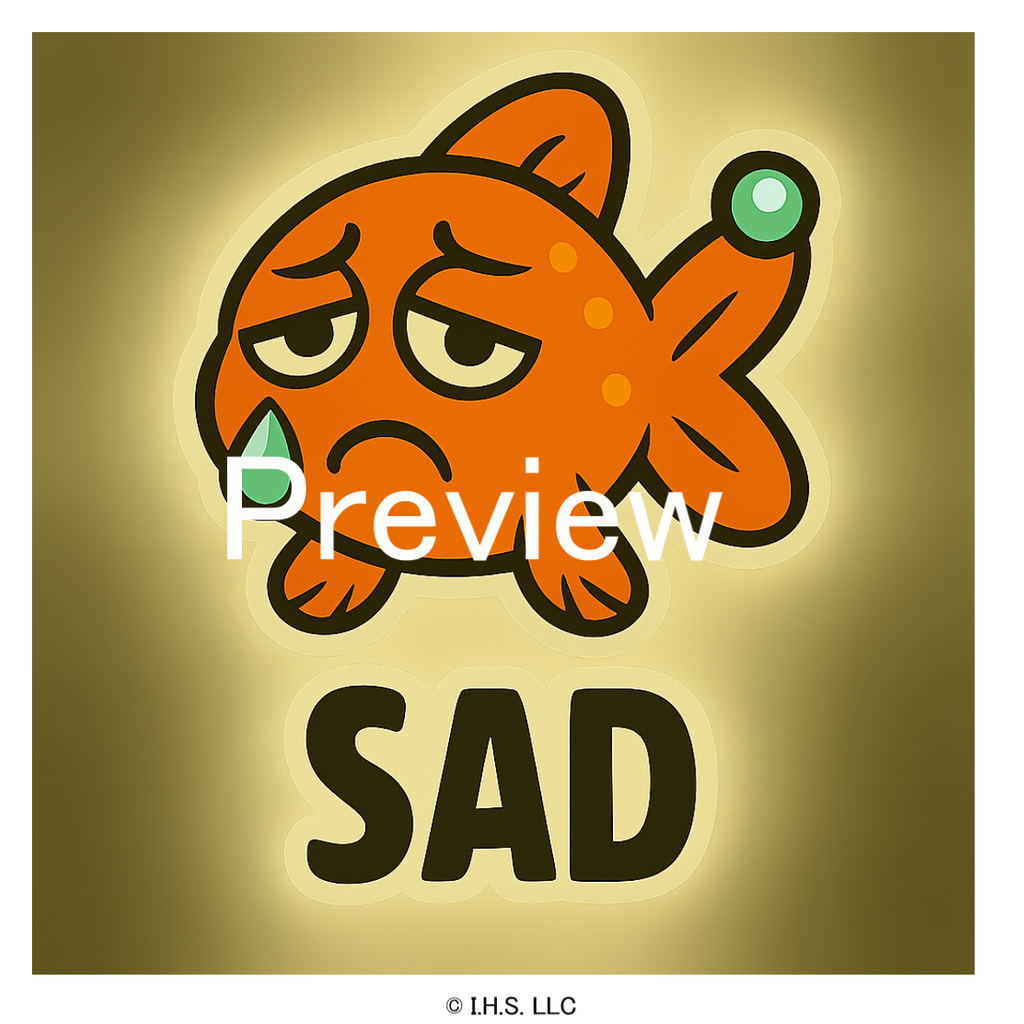 Cartoon fish with a sad expression and the word 'SAD' on a gold background