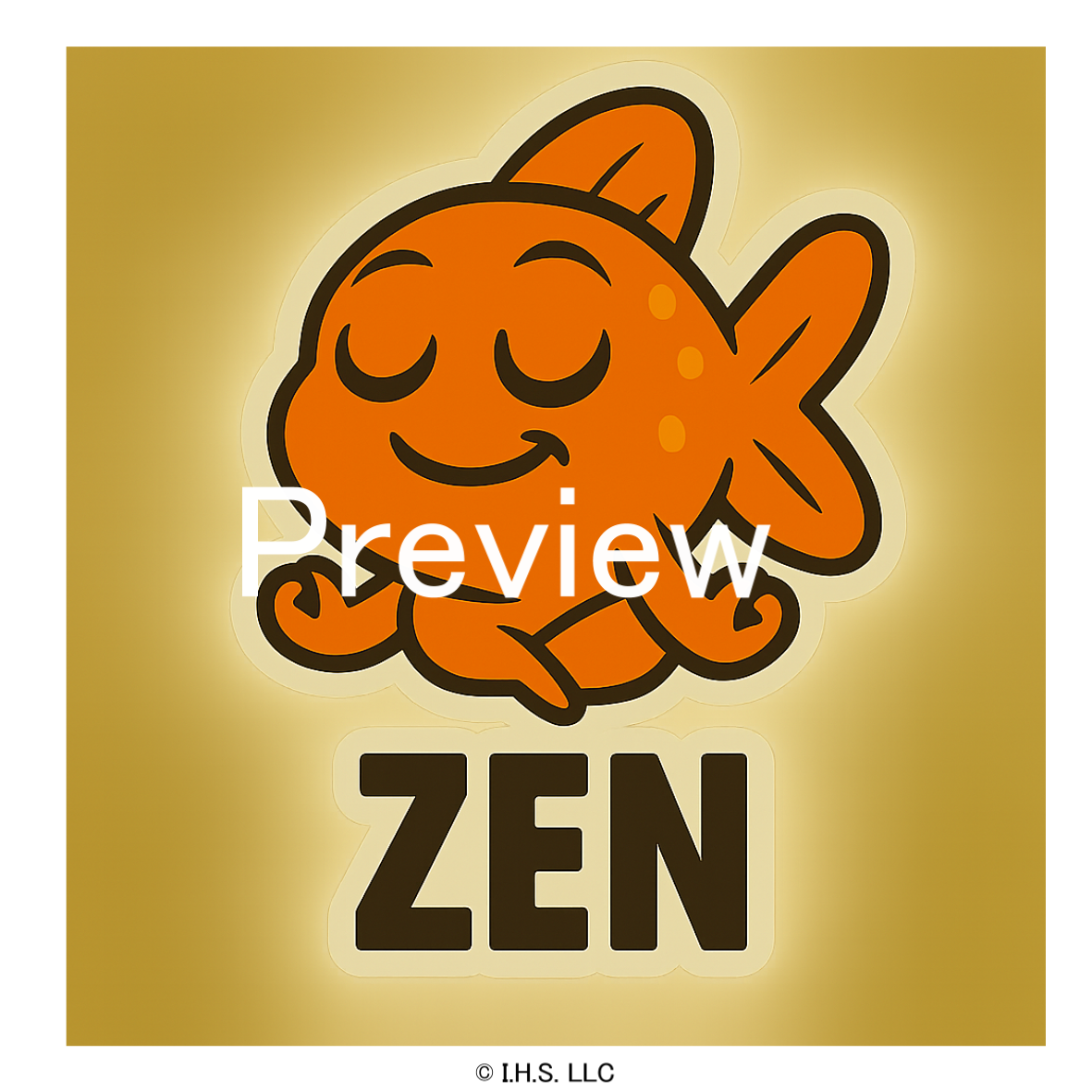 Orange fish with closed eyes and a smile on a gold background with 'ZEN' text.